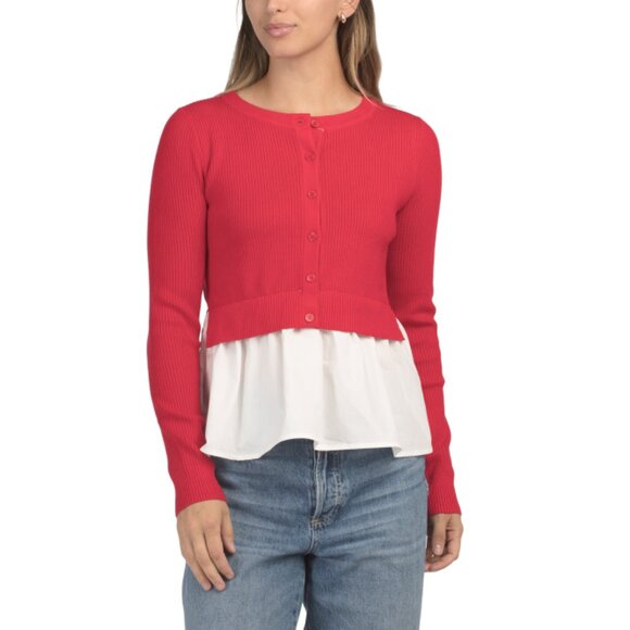 SUNDAY EDITION Red/white Twofer Poplin Peplum Hem Cardigan - Picture 1 of 2